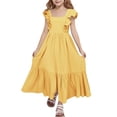 thumbnail image 2 of FAOWME Toddler Kids Girls Dress Flying Sleeve Square Neck Solid Color Backless Comfortable Fashion Dresses For Casual Daily Wear,Yellow,14-15 Years, 2 of 5