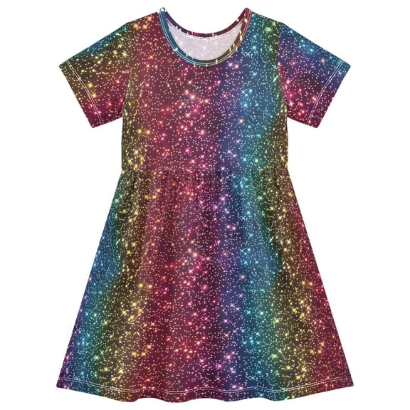 joogoo Rainbow Glitter Girls' Short Sleeve Dress Kids Dresses 5-6T