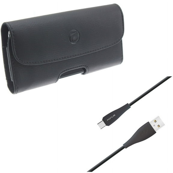 Black Leather Case Side Cover Protective Pouch w Durable TPE 6ft Long Type-C USB Cable Sync Wire Y8V for Acer Liquid Jade Primo - ASUS ROG Phone, ZenFone AR 6 4 Pro - Blackberry Motion