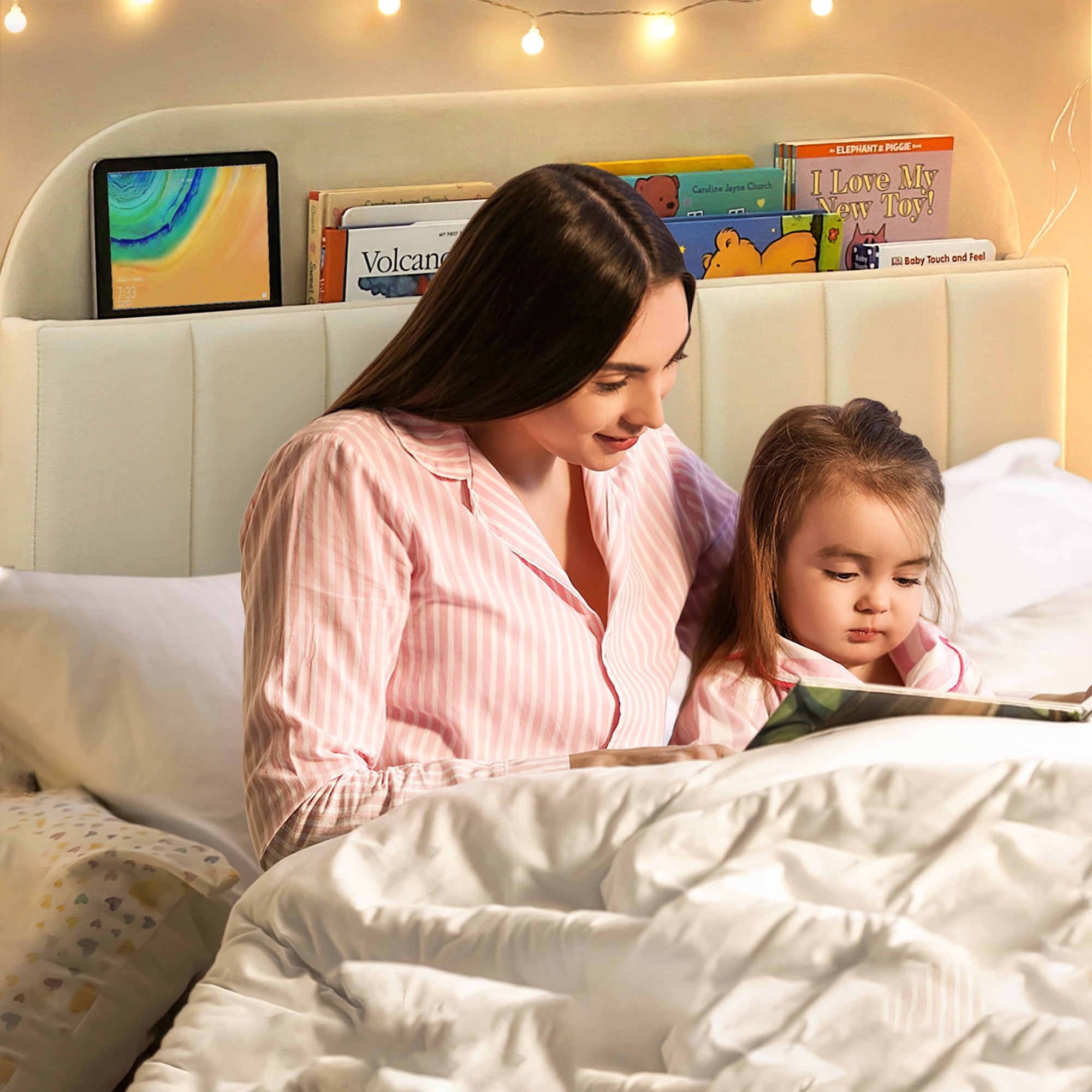 COZONY Twin Bed Frame, Velvet Upholstered Platform Bed w/ Bookcase Headboard, No Box Spring Needed, Noise-Free, Beige