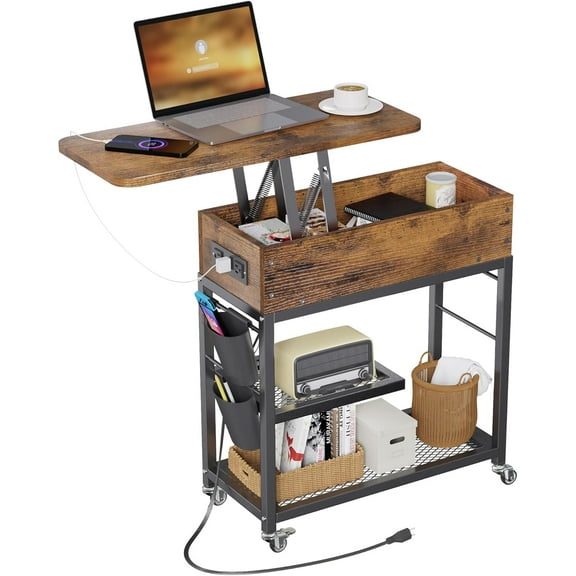 Lift Top End Table with Charging Station and Wheels, Sofa Side Table with USB Port & AC Outlets, Movable Bedside Nightstand with Side Bag for Office Living Room Bedroom(Rustic Wood)