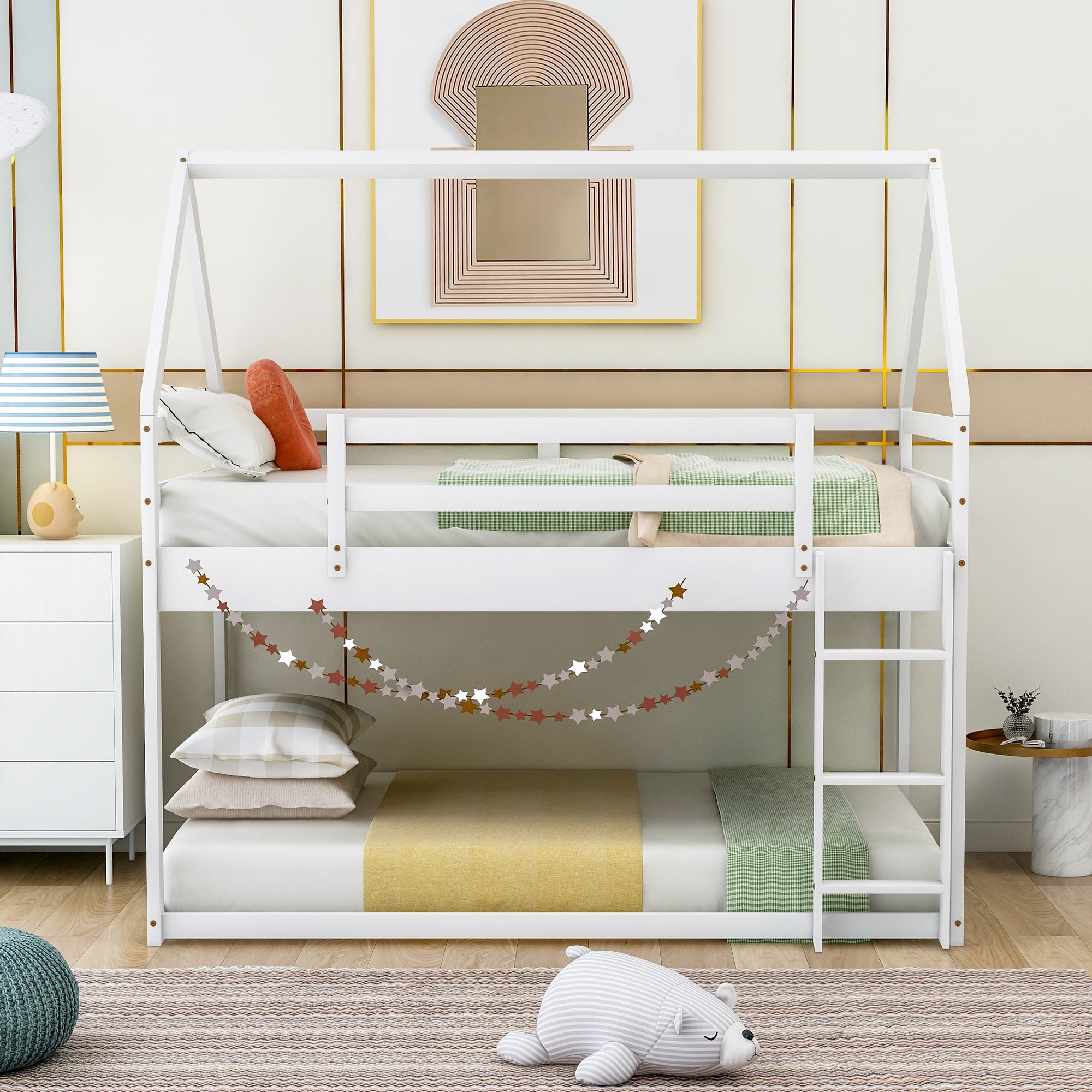 Aukfa Low Bunk Bed, Twin-Over-Twin House Bed Frame for Kids with Stair - White