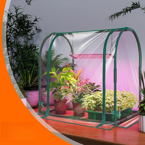 Mini Indoor Greenhouse with Grow Lights, 27.2" L X 19.9" W X 27.2" H Desktop Small Greenhouse with Zippered Door and PVC Cover for Seed Starting, 1.6FT Plant Light for Indoor Plants with Timer