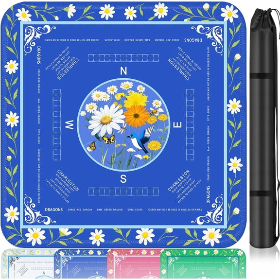 Crease-Free Mahjong Learning Mat 33.1" x 33.1", American Mah Jongg Mat with Rules, Quiet Non-Slip Large Mahjong Table Cover, Floral Gaming Mats for Mahjong, Poker, Dominoes & Board Games (Blue)