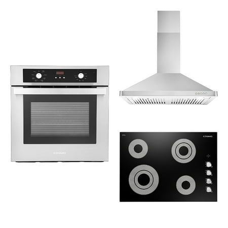 Cosmo 3 Piece Kitchen Appliance Package With 30  Electric Cooktop 30  Wall Mount Range Hood 24  Single Electric Wall Oven Kitchen Appliance Bundles