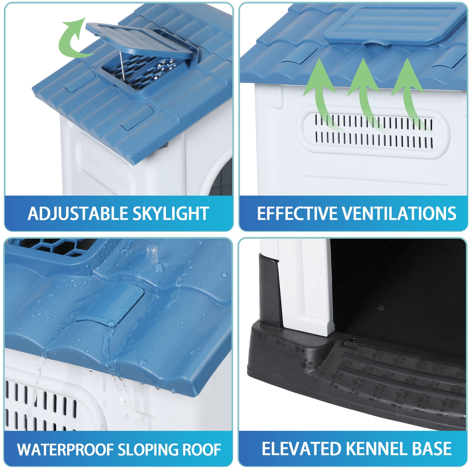 Plastic Dog House Indoor Outdoor Dog Kennel Easy to Assemble Puppy Shelter with Adjustable Skylight Elevated Floor Waterproof,Blue