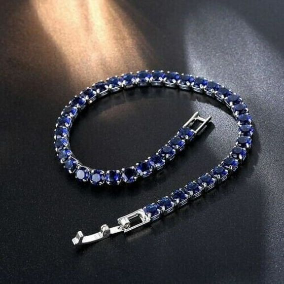 3MM 8Ct Round Cut Lab Created Blue Sapphire Wedding Womens Tennis Bracelet 14k White Gold Plated 7"