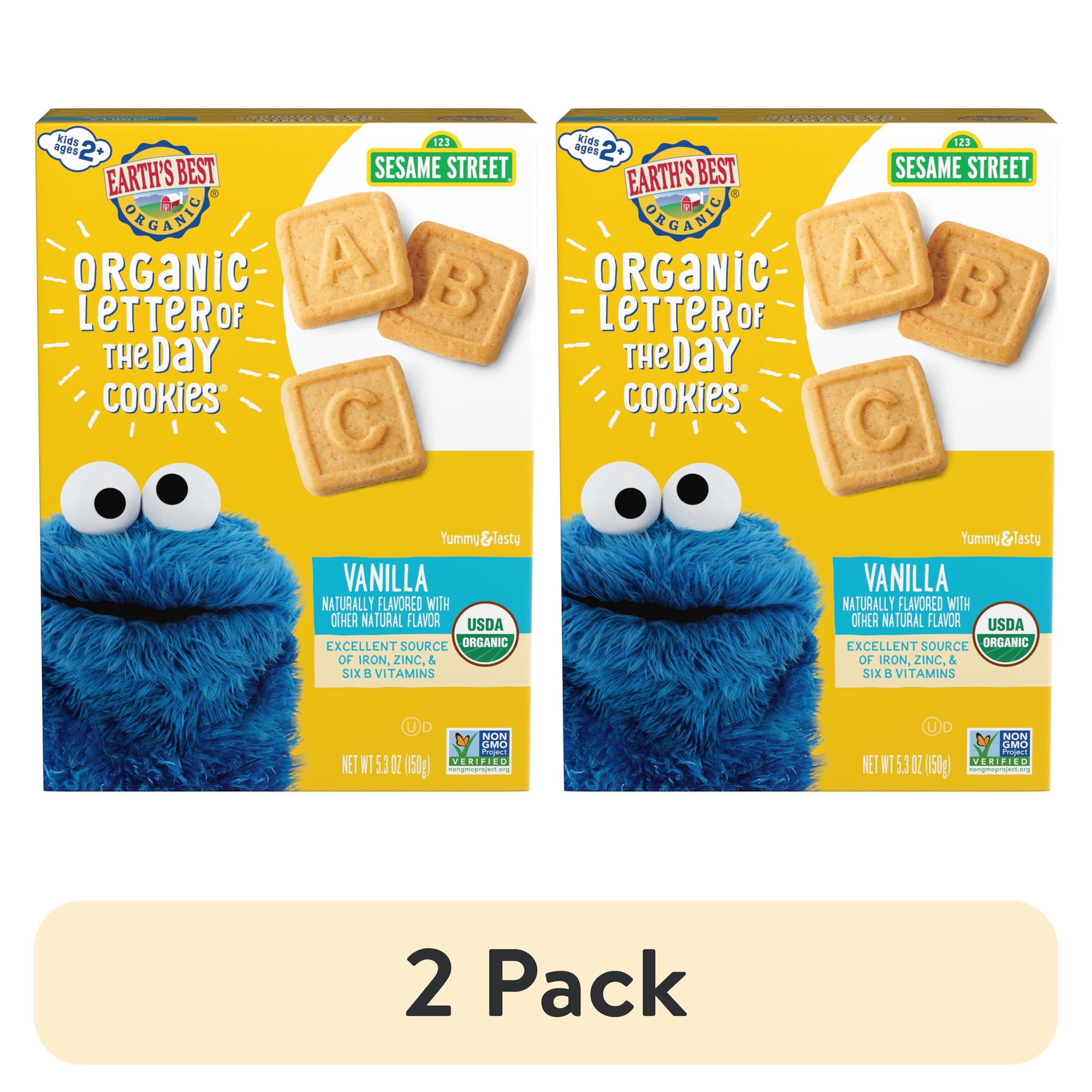 (2 pack) Earth's Best Organic Letter of the Day Toddler Snack Vanilla Cookies, 5.3 oz