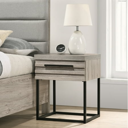 Roundhill Furniture Alvear Contemporary Wood Nightstand with Metal Base Weathered Gray