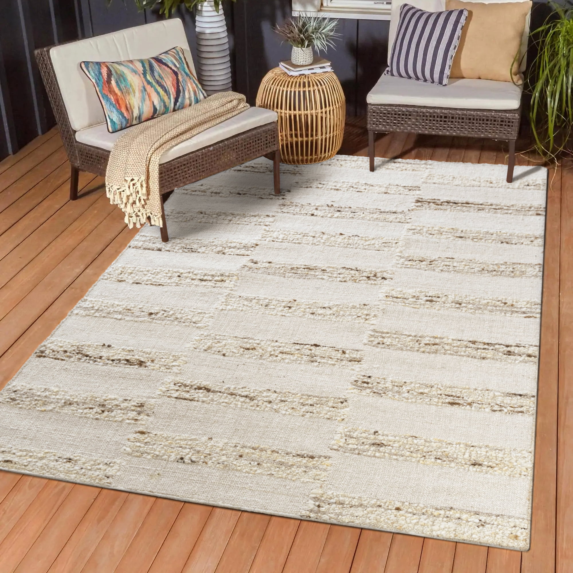 Ox Bay Hayden Checkered Farmhouse Wool Hand-Woven Indoor Area Rug, Ivory/Natural, 5' x 7'9"