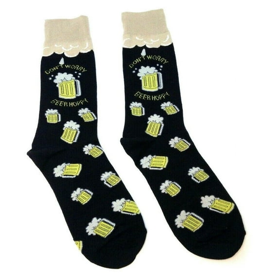 Fine Fit Casual Fast Food Snack Pattern Knit Crew Socks (Don't Worry Beer Hoppy - Black)