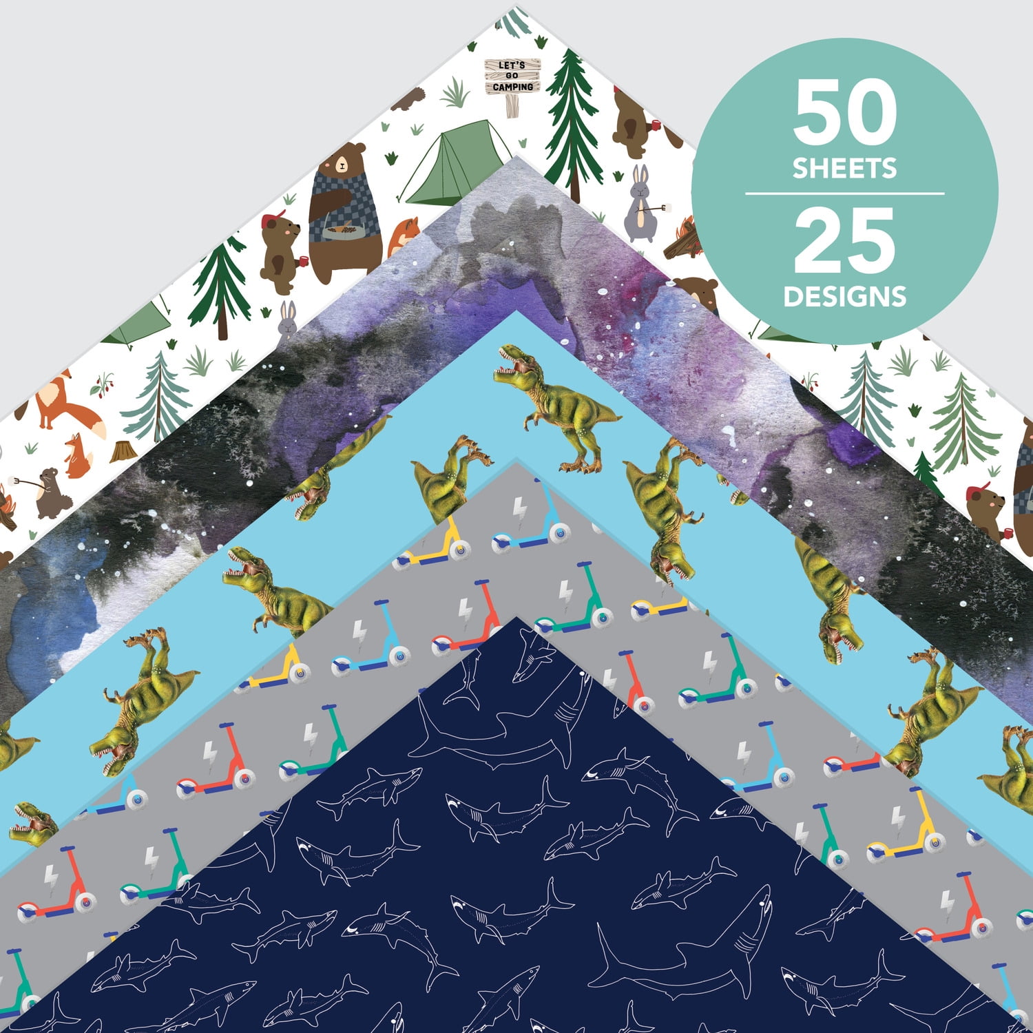 Roobee by Mara-Mi Dinosaur and Shark Scrapbook Paper 12" x 12" - 24 lb/ 100 GSM, 50 sheets