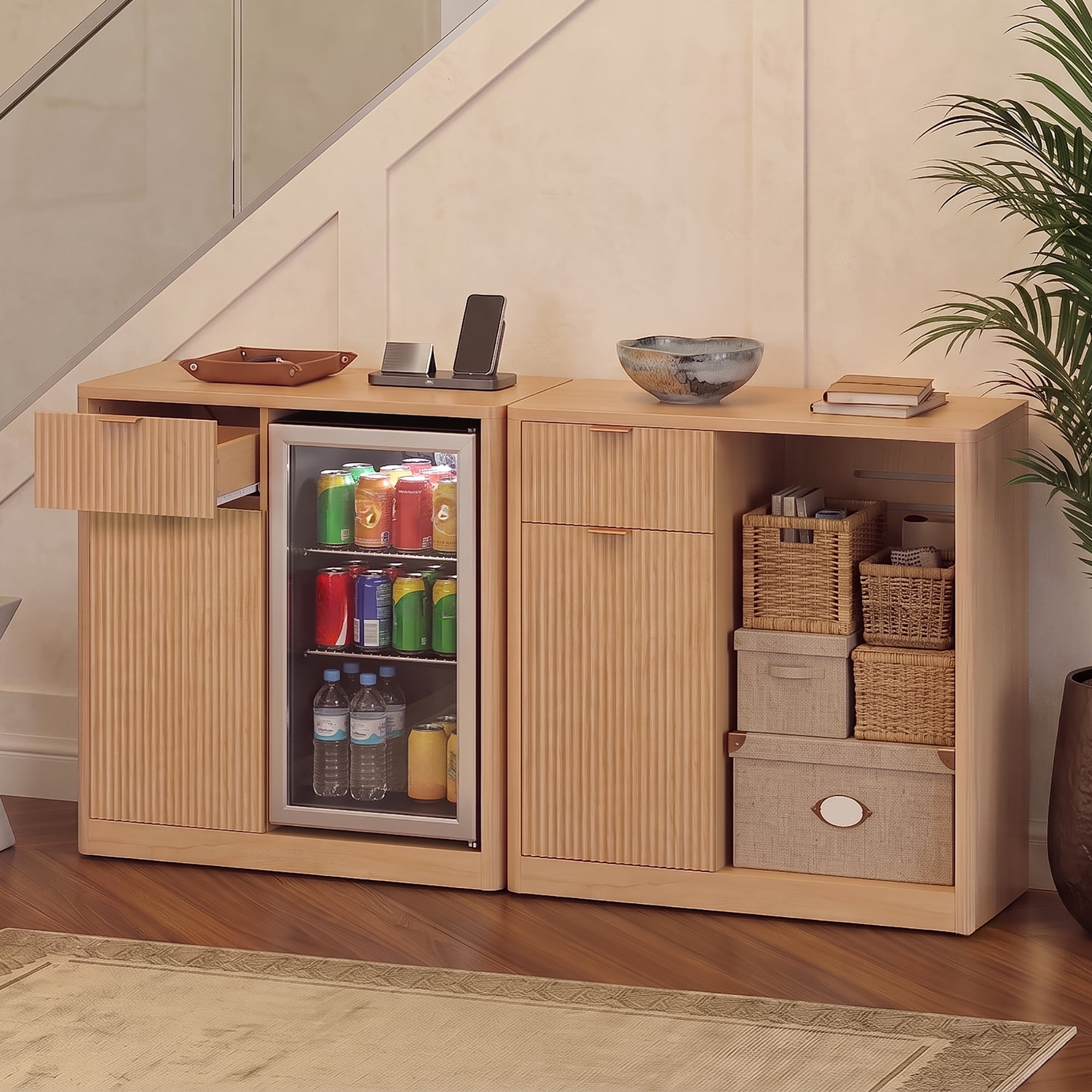 Mintazer 39" Modern Fluted Coffee Bar Cabinet with Fridge Space & Charging Station, Sideboard Beverage Station with Wine Glass Rack & Adjustable Shelves for Dining Room Living Room Apartment, Natural