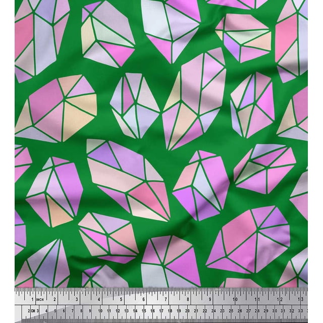 Soimoi Green Poly Georgette Fabric Crystal Stone Geometric Printed Fabric 1 Yard 42 Inch Wide