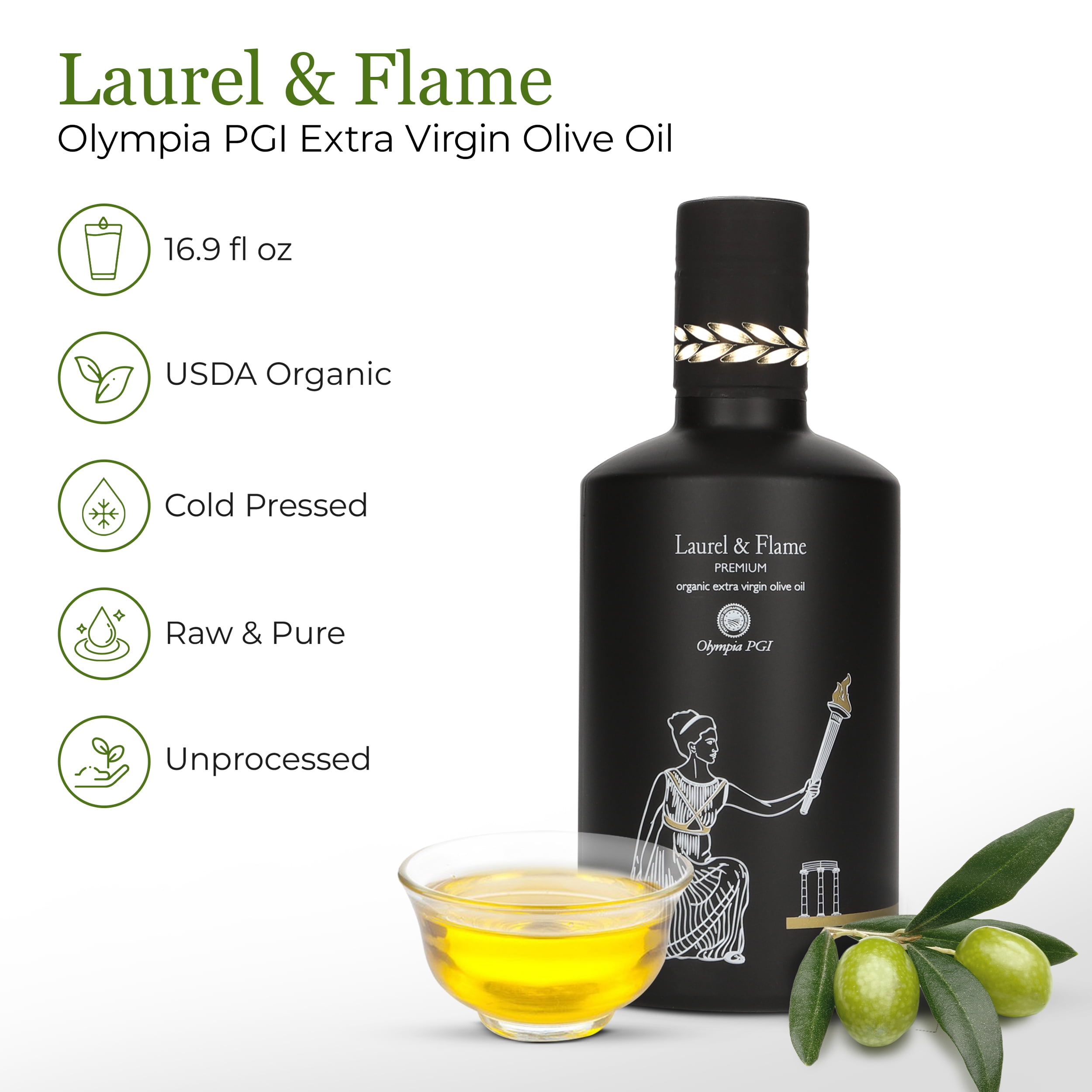 Laurel & Flame Premium Olympia PGI Extra Virgin Olive Oil, USDA-Organic, New Harvest, 16.9 fl oz