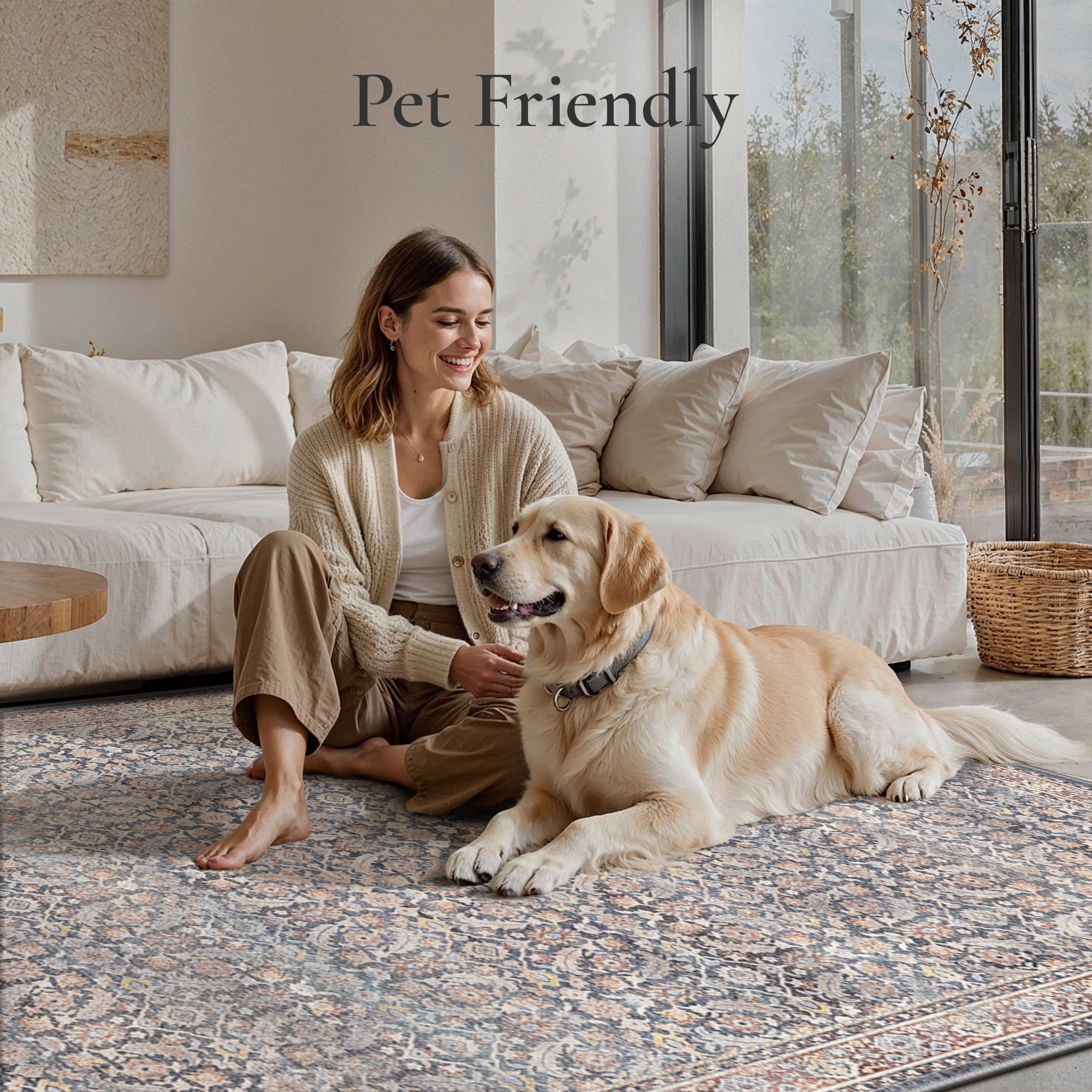 KUETH Modern 8x10 Area Rugs for Living Room, Non Slip Machine Washable Retro Rugs, Low Pile Chenille Print Rug for Bedroom, Dining Room, Home Office