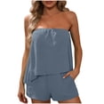 thumbnail image 2 of Yoga Outfits for Women Strapless 2 Piece Shorts Sets Women Sleeveless Ruched Flowy Tube Tops with Shorts for Summer Vacation Light Blue L, 2 of 6