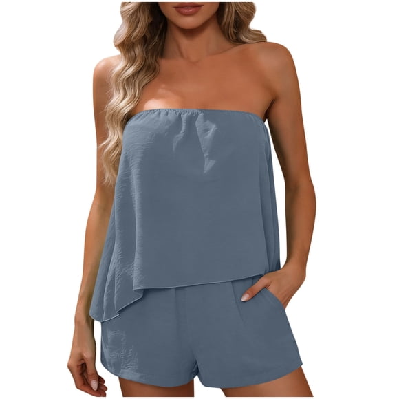 lcziwo Ensembles 2 Pcs en Lin pour Femmes, Haut Bandeau Sans Bretelles Assorti à des Shorts, Ensembles d'Été Boho de Plage avec Poches, Bleu Clair, m