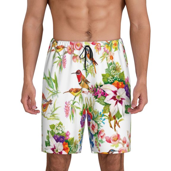 Naloa Birds And Flowers Men's Short Pajama Pants, Lounge Comfort Shorts with Elasticized Waistband and Side Pockets - Small