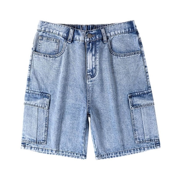 Tauxra Men Casual Half Shorts Jeans for Men, Solid Color Stretch Waist Button Zipper Multi Pocket Straight Leg Denim Shorts, Summer Outdoor Work Short Trousers