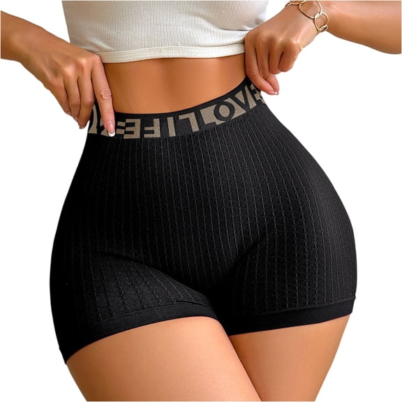 Women High Waisted Seamless Shorts Stretch Ribbed Workout Letter Print Underwear Tummy Slimming Control Butt Lift Shapewear Shorts