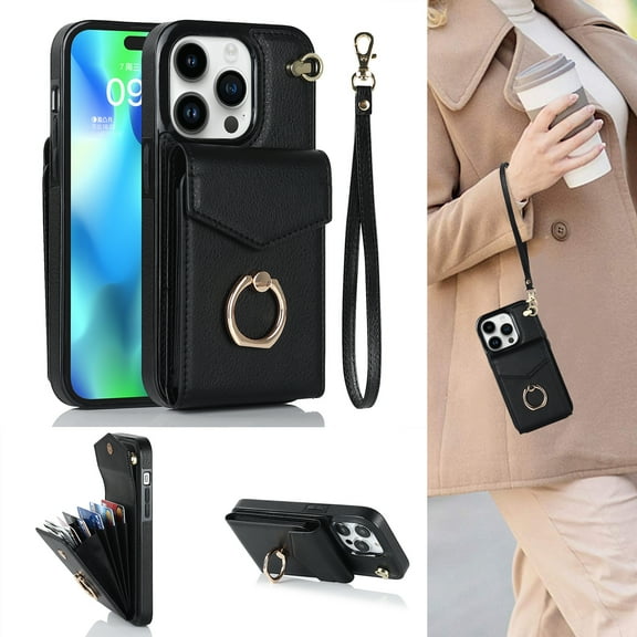 Feishell for iPhone 13 Pro Max Wallet Case, RFID Blocking Card Slots Magnetic Case Glossy PU Leather Finger Ring Holder Kickstand Wrist Strap Handbag Cover for iPhone 13 Pro Max,Black