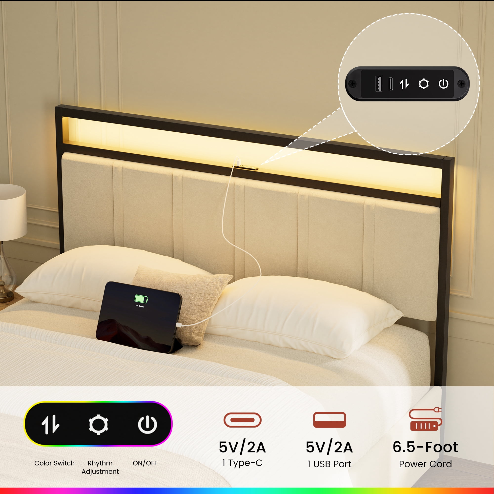 GUNAITO Queen Bed Frame with Headboard, Platform Bed with 2 Drawers, Velvet Upholstered Bed Frame with LED Lights & Charging station，Beige