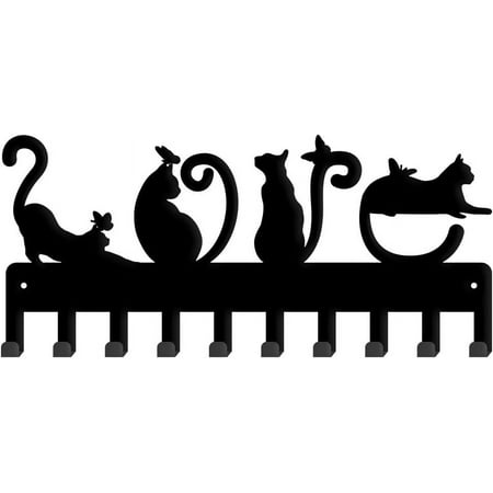 1 Set Iron Wall Mounted Hooks Hangers 10-Hooks Decorative Organizer Rack for Bag Clothes Key Scarf with Screws Black Cat Shape 150x330mm