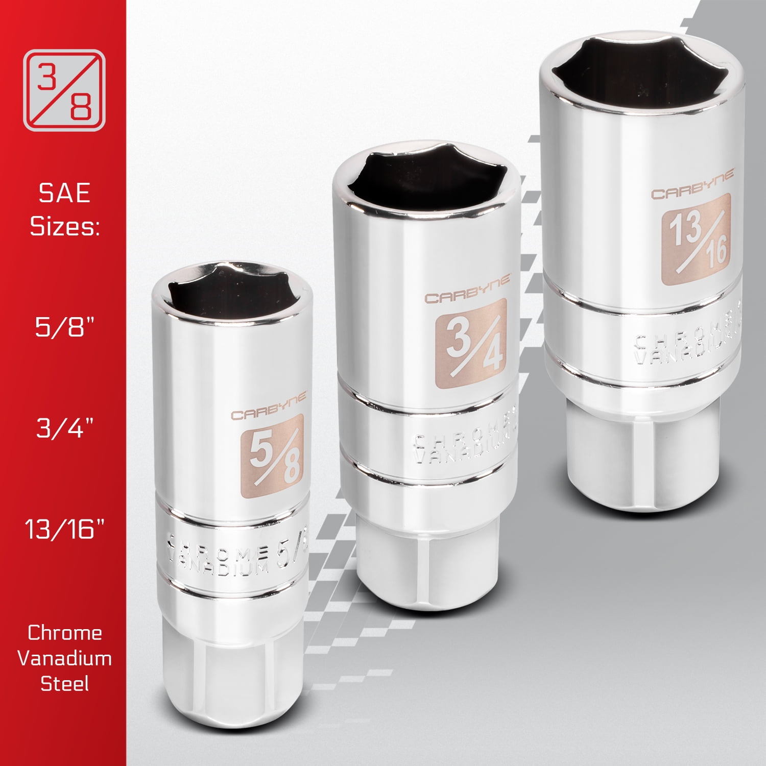 Carbyne 5-Piece Spark Plug Socket Set, 3/8 in. Drive, SAE and Metric, 5/8 3/4 13/16 in. 14mm 18mm, CrV Steel, 6 Point, Rubber Retaining Rings