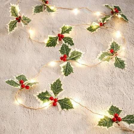 Christmas Led String Lights with Red Berries & Green Leaves - 20-Light Battery Operated Garland for Indoor/Outdoor Holiday Decor (78.74 Inches)