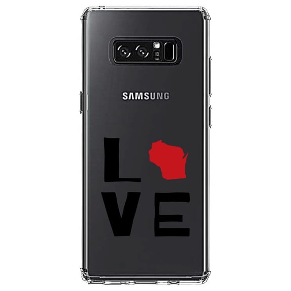 DistinctInk Clear Shockproof Hybrid Case for Samsung Galaxy Note 8 - TPU Bumper Acrylic Back Tempered Glass Screen Protector - Wisconsin - Love Black & Red