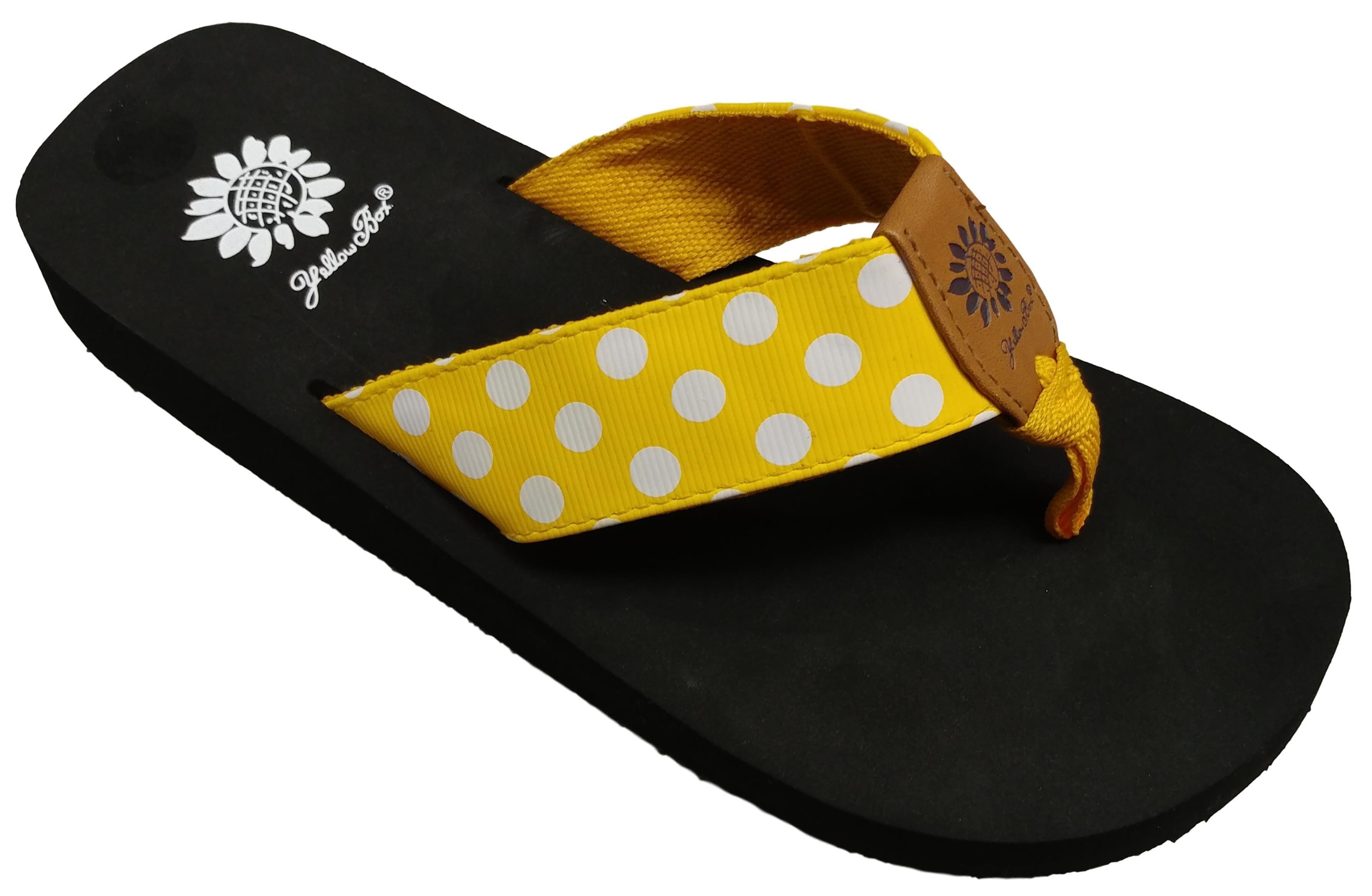 yellow box polka dot flip flops