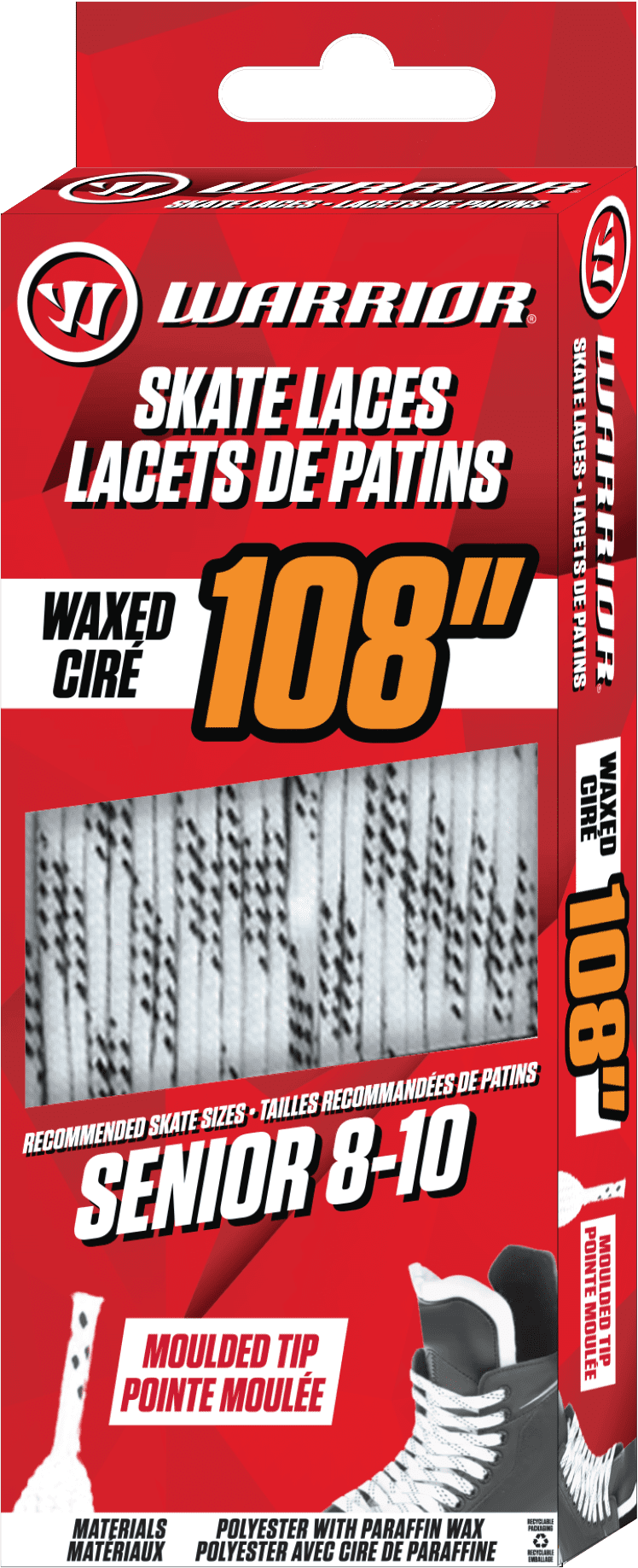 Warrior Waxed Hockey Skate Laces, Senior Sizes 8–10, Secure Hold – White, 108″