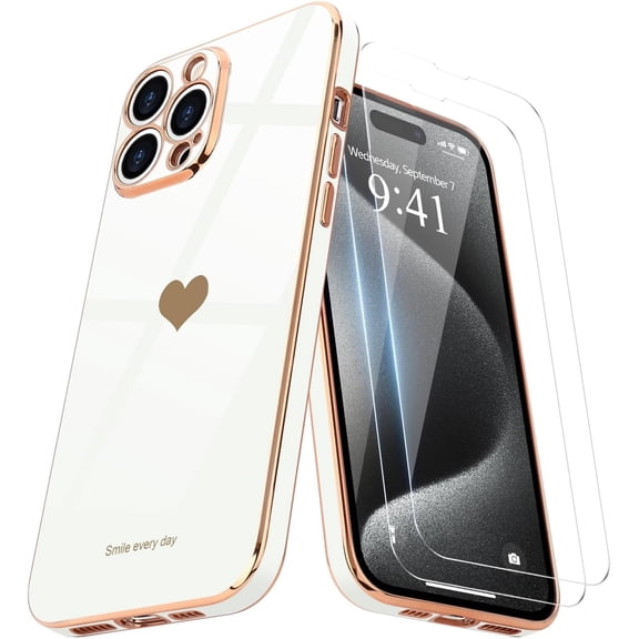 Entronix 3-in-1 Love Heart Case Compatible with iPhone 15 Pro with Screen Protector, White