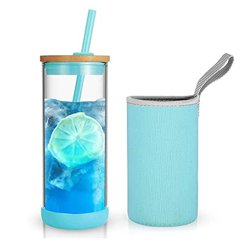 Tronco Iced Coffee Cup Glass Tumbler with Straw and Bamboo Lid|Wide Mouth Reusable Smoothie Cup with Straw and Insulator Sleeve|Borosilicate Glass Water Bottle with Lid|20oz 