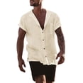 thumbnail image 2 of LIIPEE Summer Solid Color Shirt For Men Short Sleeve Band Collar Button Up Shirts Male Comfortable Breathable Versatile Tops,L, 2 of 7