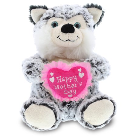 DolliBu Happy Mother's Day Super Soft Plush Sitting Husky Dog Figure - Cute Stuffed Animal with Pink Heart Message for Best Mommy, Grandma, Wife, Daughter - Cute Pet Dog Plush Toy Gift - 9" Inches
