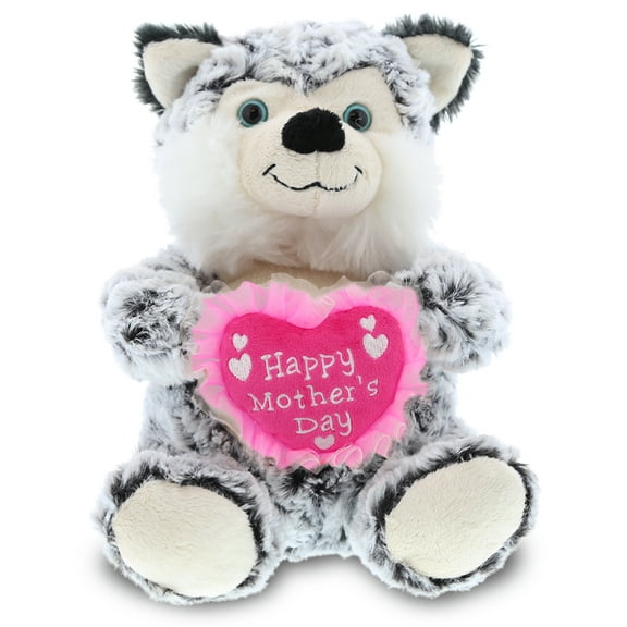 DolliBu Happy Mother's Day Super Soft Plush Sitting Husky Dog Figure - Cute Stuffed Animal with Pink Heart Message for Best Mommy, Grandma, Wife, Daughter - Cute Pet Dog Plush Toy Gift - 9" Inches