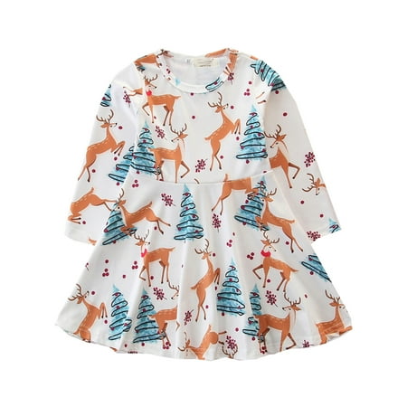 

Youmylove Toddler Girls Long Sleeve Cartoon Deer Christmas Tree Princess Dress Kids Baby Clothes Xmas For Winter Cute Clothing