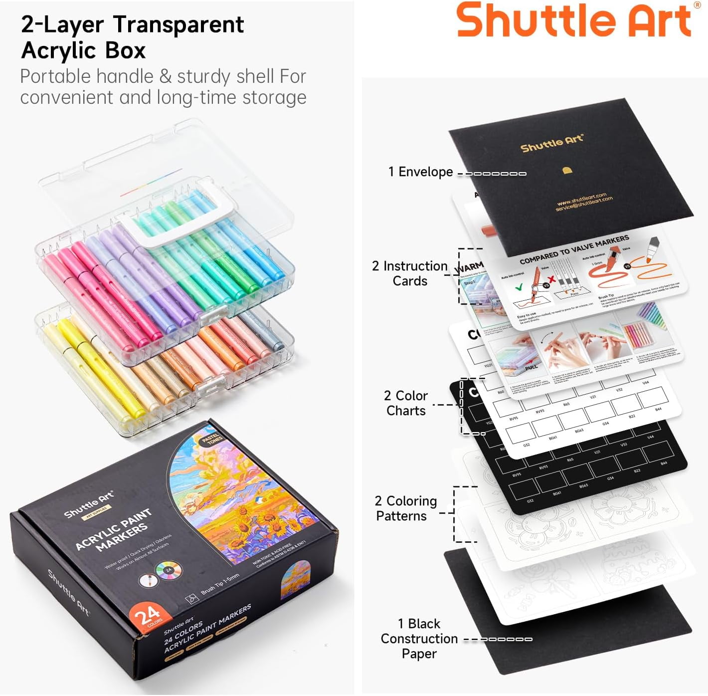 Shuttle Art Automatic Ink Control Acrylic Paint Markers, 24 Pastel Colors Brush Tip Acrylic Paint Pens for Rock Painting, Ceramic, Wood, Canvas, Glass, Stone, Fabric, Card Making