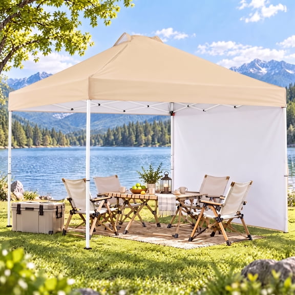 LAUSAINT HOME 10' x 10' Pop Up Canopy Tent with Sidewall, One-Push Instant Outdoor Canopy with Organizer Pockets, Wheeled Carry Bag, UPF 50 Shade Tent for Camping, Beach, Beige