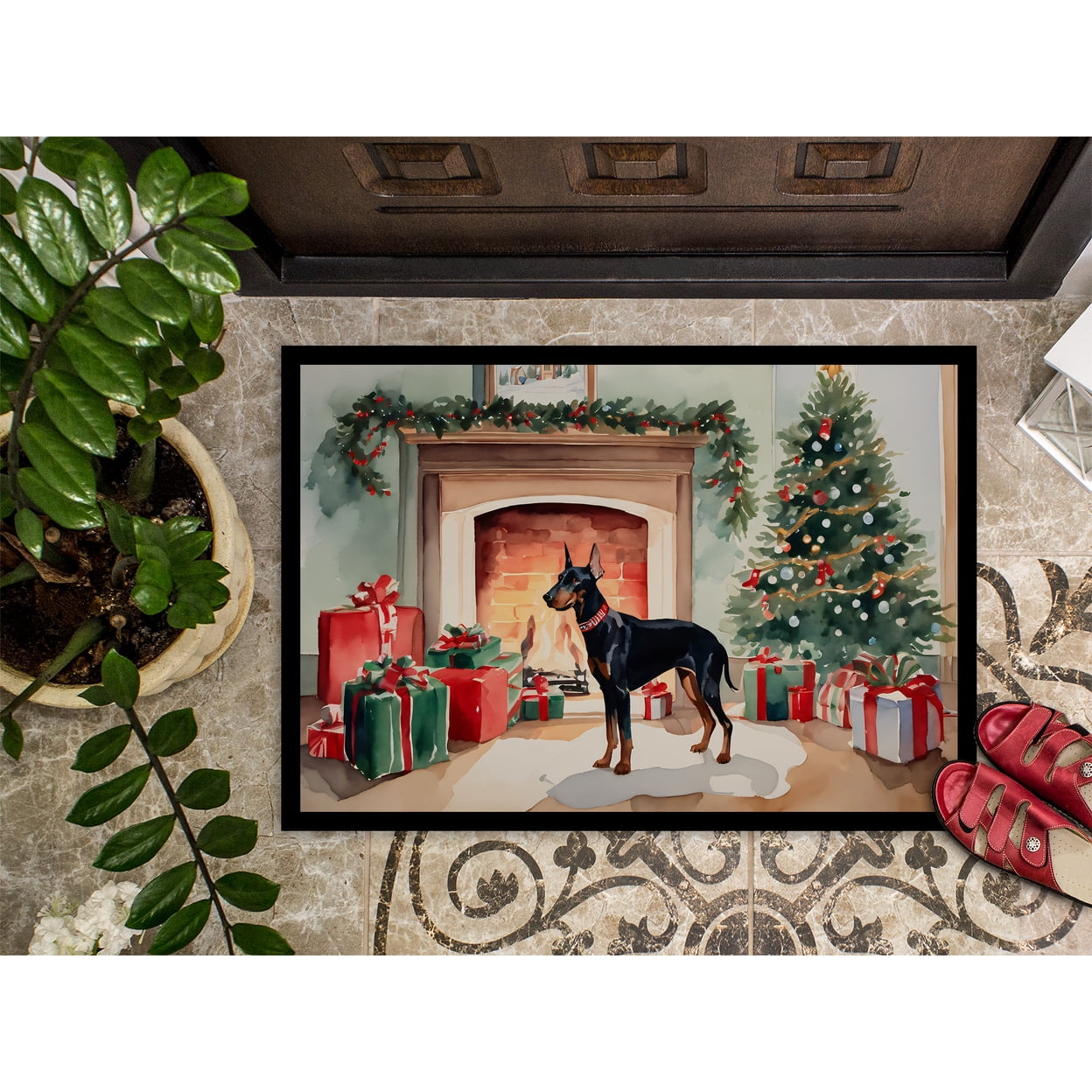 Carolines Treasures DAC2646MAT 0.15 x 18 x 27 in. Doberman Pinscher Cozy Christmas Doormat