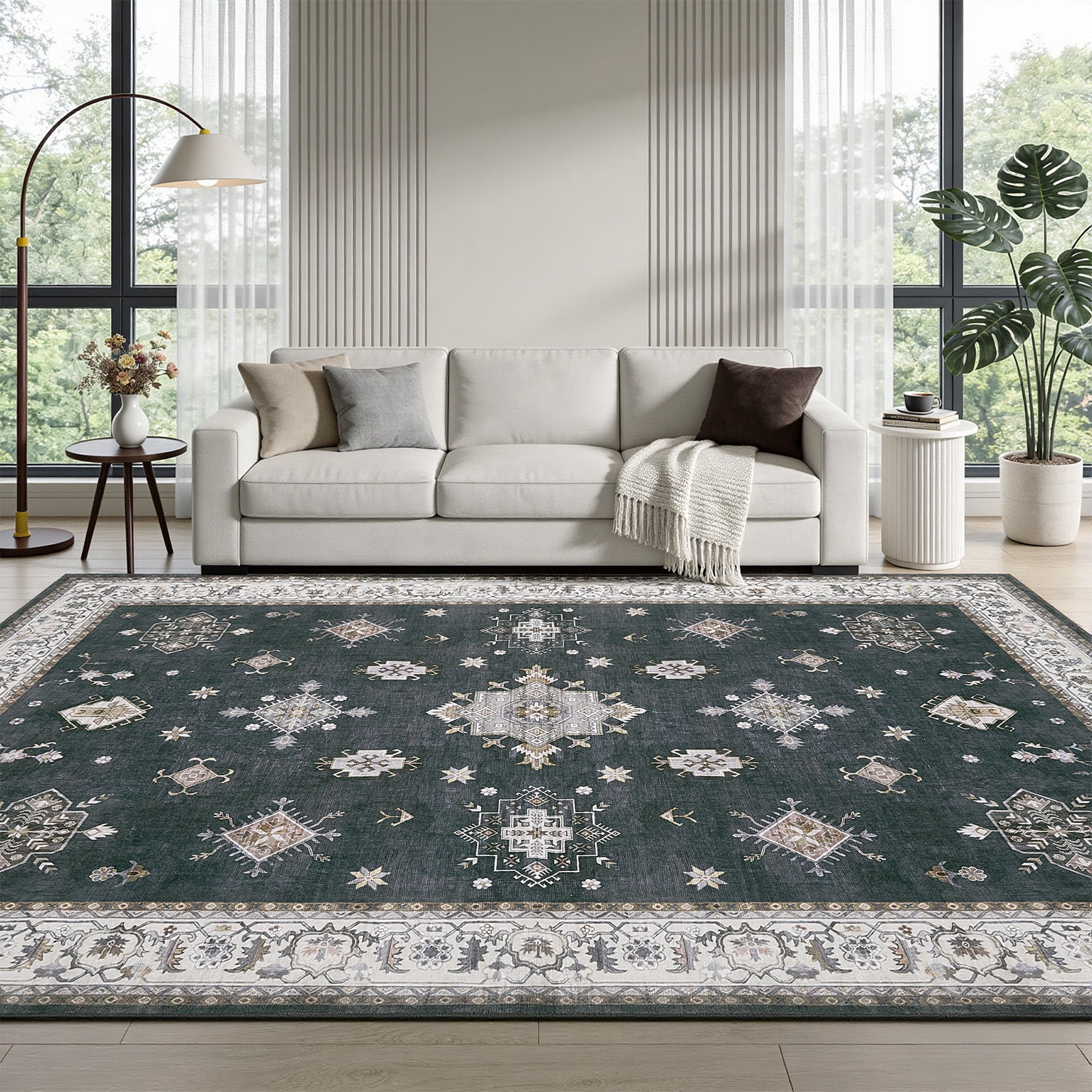 8x10 Living Room Area Rug,Washable Vintage Carpet Non Slip Indoor Rug, Retro Traditional Accent Throw Low Pile Large Rug for Farmhouse, Office, Bedroom, Dining Room.
