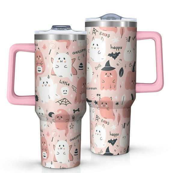 Pink Hued Cute Halloween Ghosts Pattern Tumbler with Handle and Lid,40oz Double Wall Vacuum Insulated Tumbler,Cups Gift for Women and Men