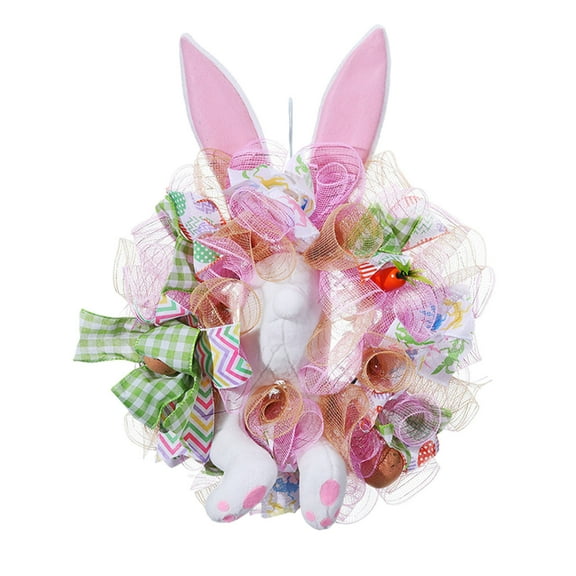 MXTPOV Plush Rabbit Wreath with Bow Ribbons, Cute Bunny Spring Wreath for Wall Decor, Exquisite Easter Wreaths for Front Door, Easter Decorations