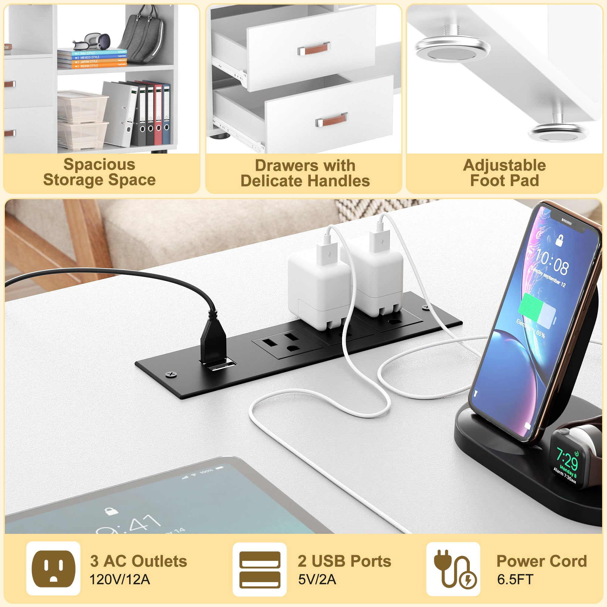 Homieasy Reversible L Shaped Desk with File Cabinet & Power Outlet, 55'' Computer Gaming Desk with LED Lights and Drawers, L Shaped Corner Desk with Storage Shelves for Work & Study, White