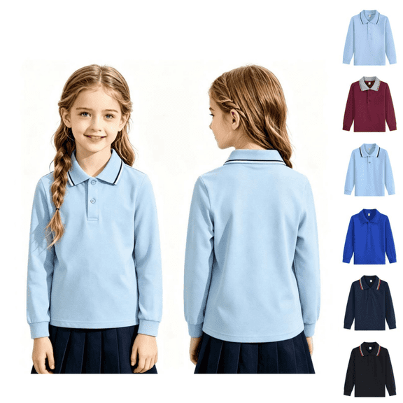 longantii School Polo Shirts for Girls Fashion Long Sleeve Back To School T-Shirts Loose Fit Collared Uniform Shirts Solid Color Spring Fall Pullover Blue 10-11 Year