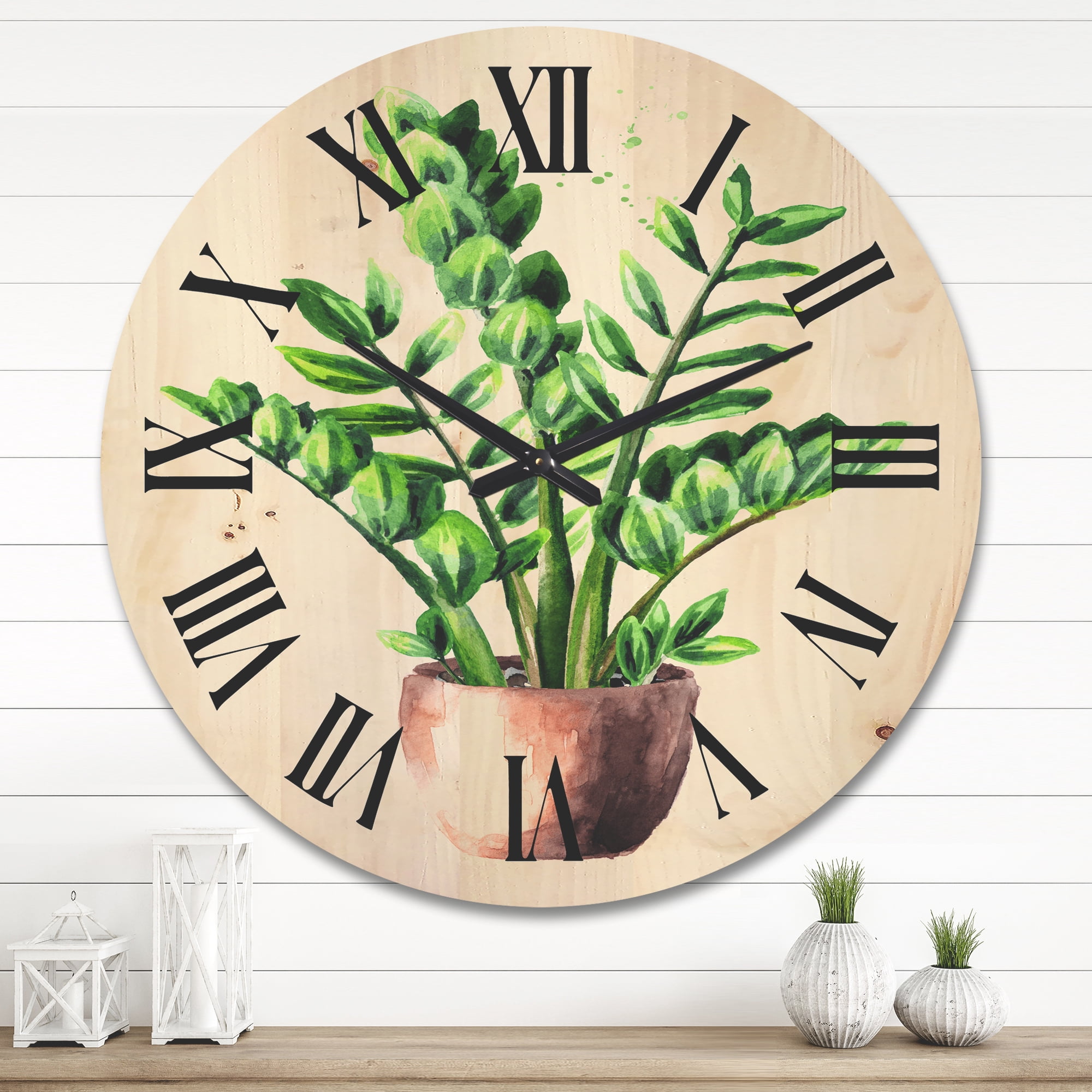 Designart 'Zamioculcas Tropical Plant With Green Leaves On White' Traditional Wood Wall Clock