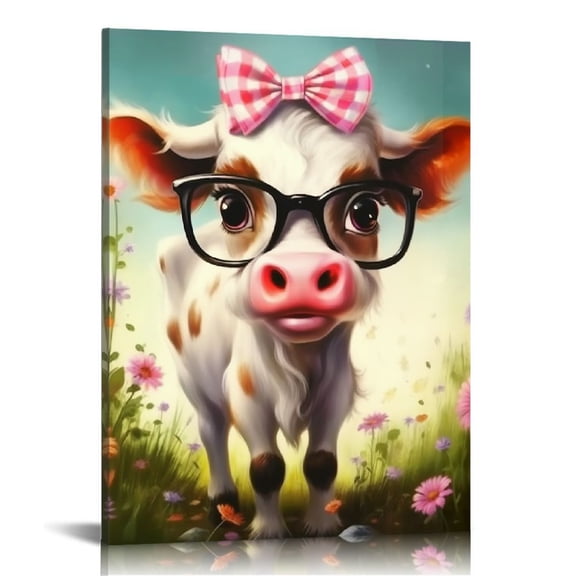 Sheronv Cow with Glasses and Bow Fine Art Aesthetic Poster Print Wall Painting for Living Room Bedroom Home Office Wall Decor 12x16 in