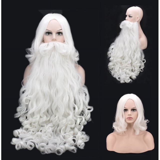 Pelucas navideñas de Papá Noel con cabello largo y rizado blanco Pelucas con barba de Papá Noel de estilo europeo y americano